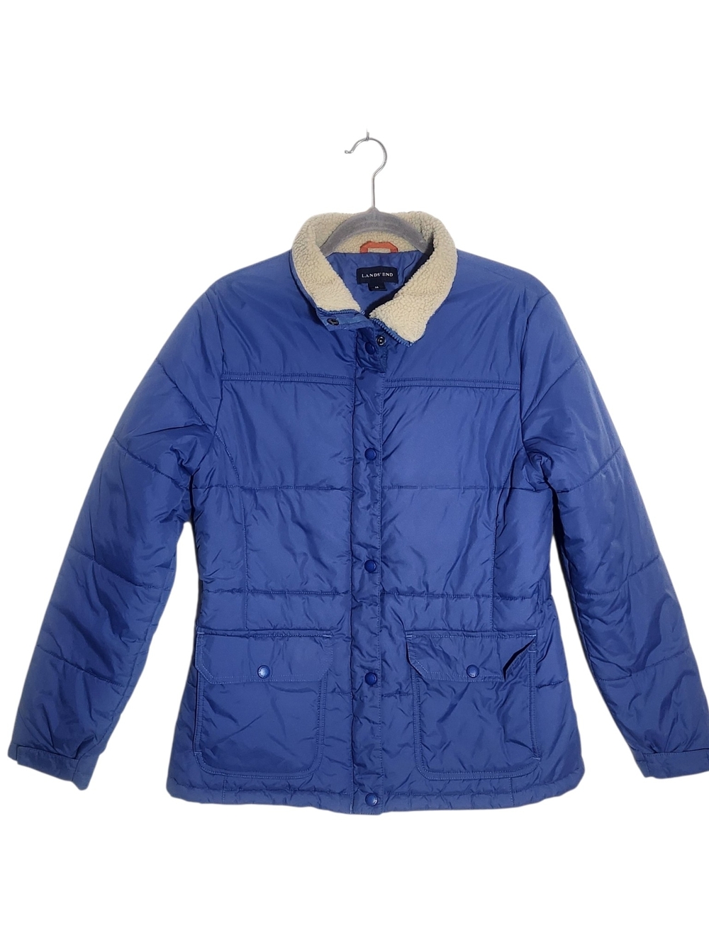 Lands’ End Womens Blue Puffer Jacket with Sherpa Collar Size Medium 10-12